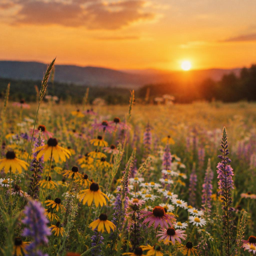 A wildflower field glowing in warm evening light at sunset