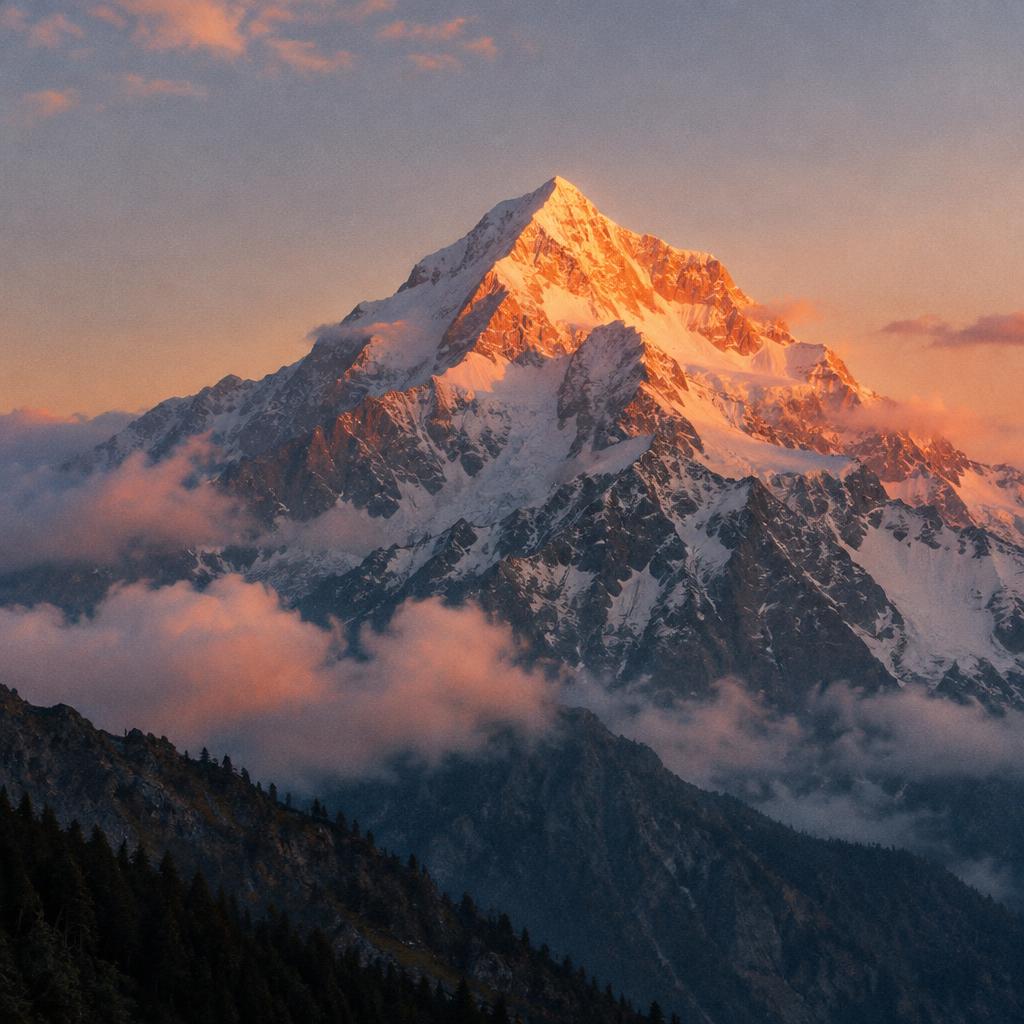 A snow-capped mountain peak lit by the first warm light of dawn