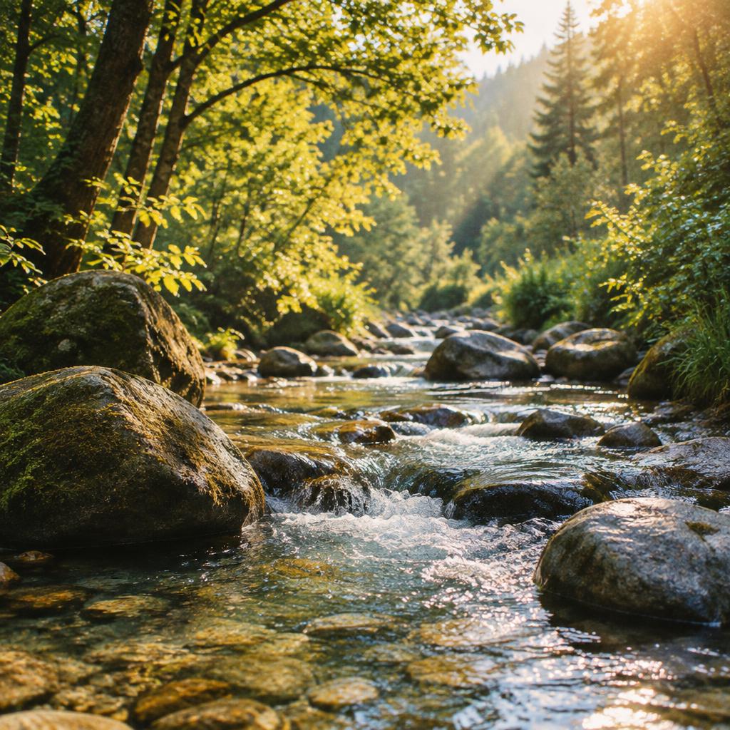 A clear stream flowing over smooth stones in a sunlit forest