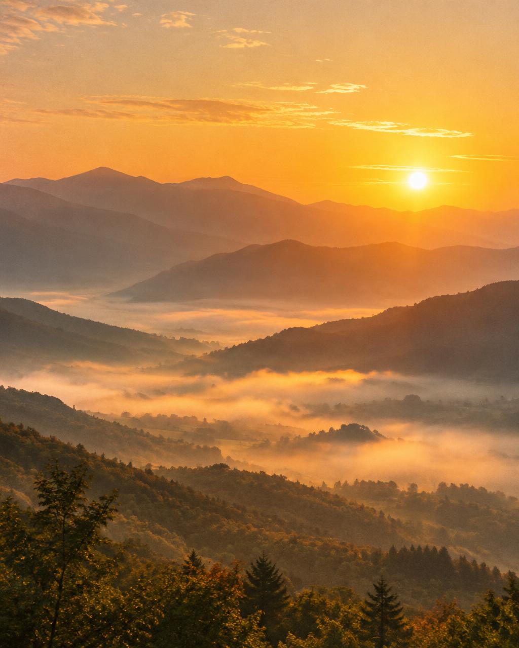 Golden sunrise over soft mountain ridges with mist in the valley